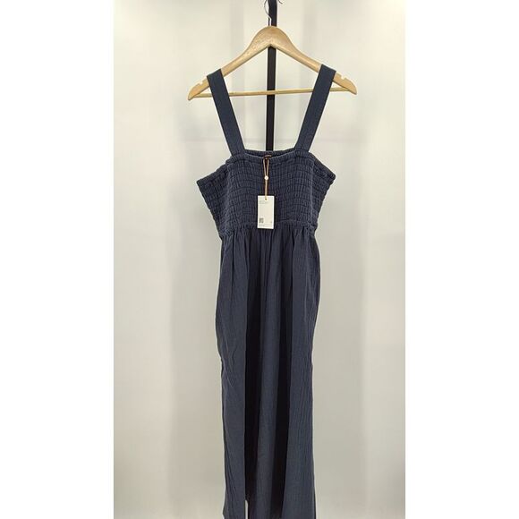 Quince Womens 100% Organic Cotton Gauze Smocked Wide Leg Jumpsuit Indigo Blue XL - Picture 2 of 3